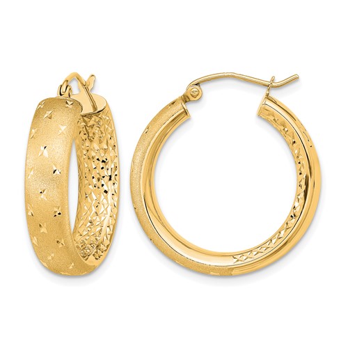 14K Yellow Gold Polished Satin and Diamond-cut in Out Hoop Earrings