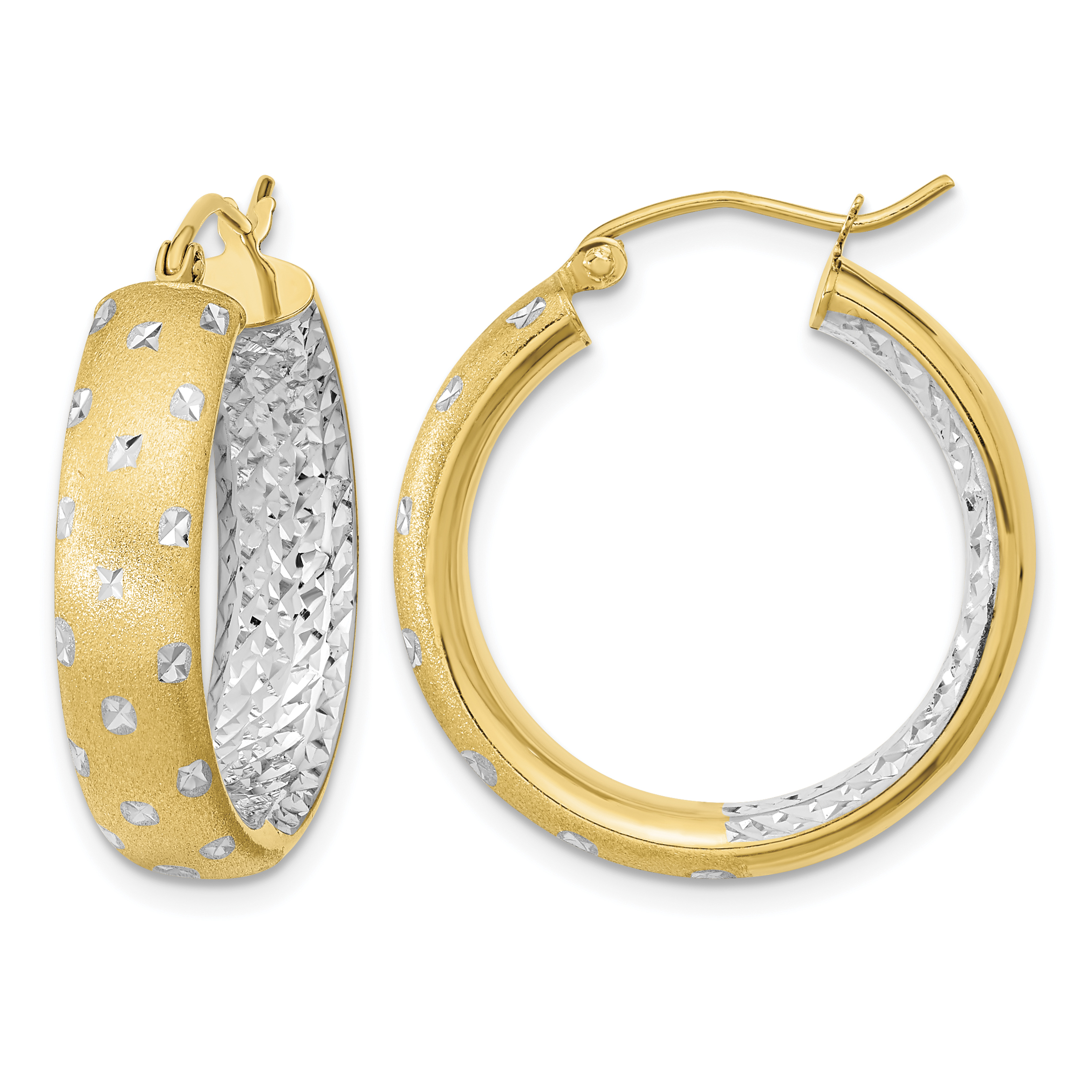 14k White Rhodium Polished Satin Diamond-cut In/Out Hoop Earrings (TF1046TT)