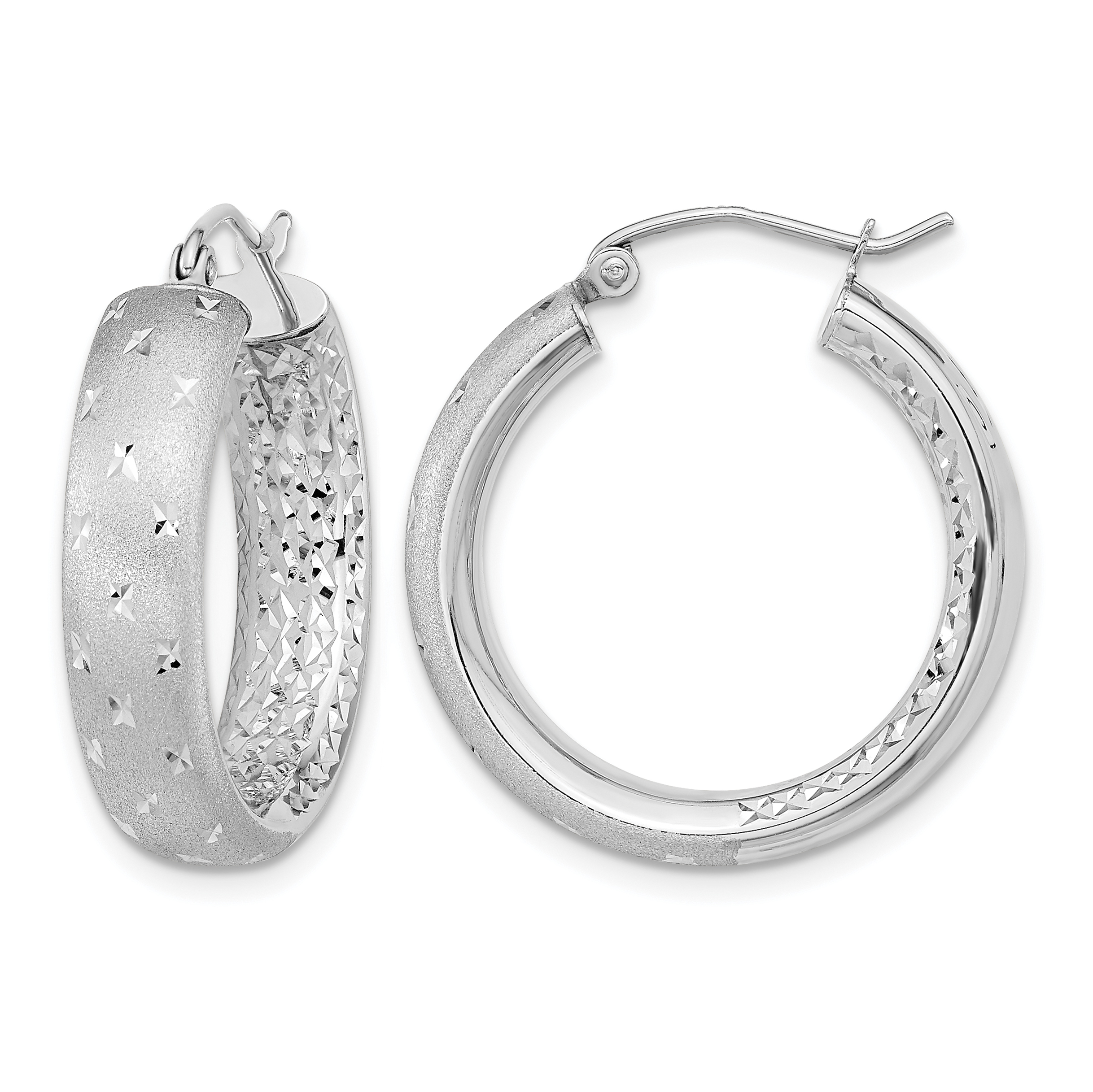 14k White Gold Polished Satin and Diamond-cut In/Out Hoop Earrings (TF1046W)