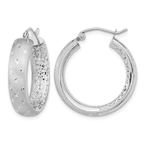 14K White Gold Polished Satin and Diamond-cut in Out Hoop Earrings