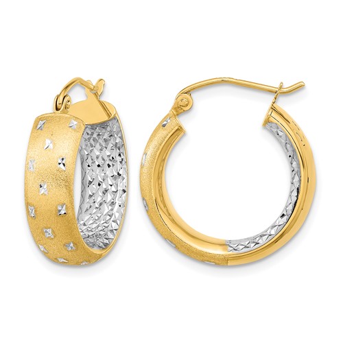 14K White Rhodium Polished Satin Diamond-cut in Out Hoop Earrings