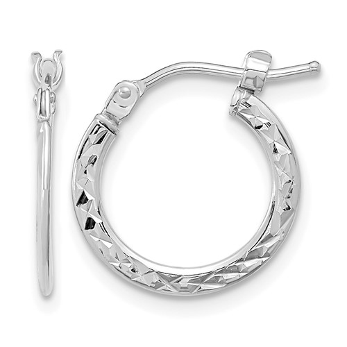 14K White Gold 1.00x 15mm Polished Diamond-cut Tube Hoop Earrings