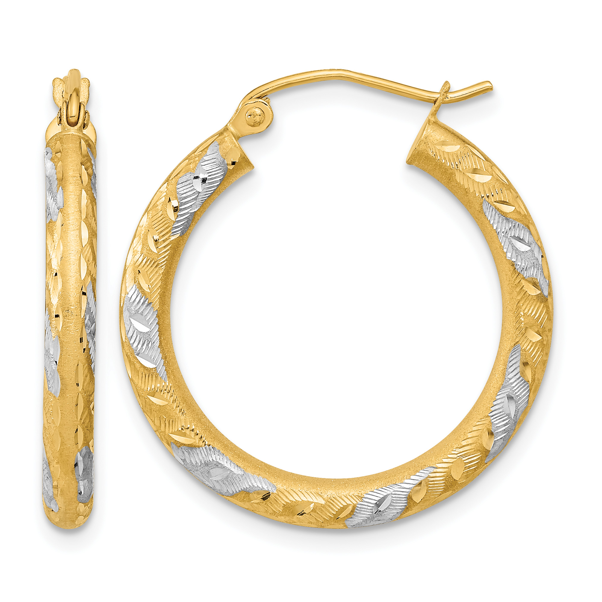 14k White Rhodium Diamond-cut Satin Hoop Earrings (TF1054)