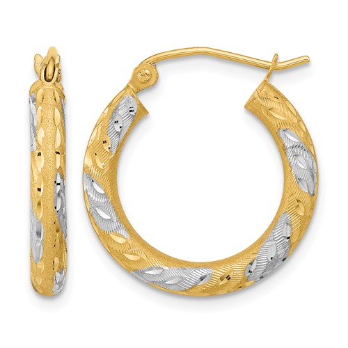14K White Rhodium Diamond-cut Satin Hoop Earrings