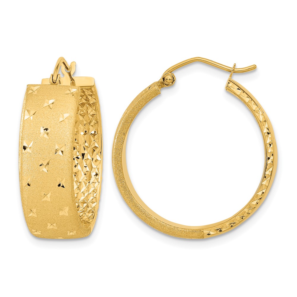 14K Yellow Gold Polished Satin and Diamond-cut Hoop Earrings