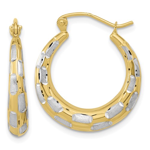 14K White Rhodium Polished Satin Diamond-cut Hoop Earrings