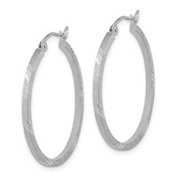 14K White Gold 1.75x 30mm Satin Diamond-cut Square Tube Hoop Earrings view 2