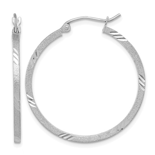 14K White Gold 1.75x 30mm Satin Diamond-cut Square Tube Hoop Earrings