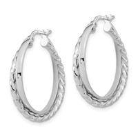 14K White Gold Polished and Textured Hinged Hoop Earrings view 2