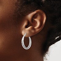 14K White Gold Polished and Textured Hinged Hoop Earrings view 3