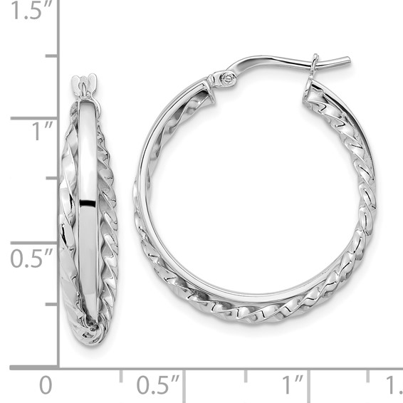 14K White Gold Polished and Textured Hinged Hoop Earrings