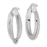 14K White Gold Polished and Textured Oval Hoop Earrings view 2