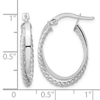 14K White Gold Polished and Textured Oval Hoop Earrings view 4