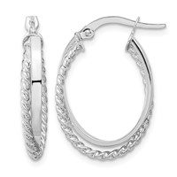 14K White Gold Polished and Textured Oval Hoop Earrings view 1