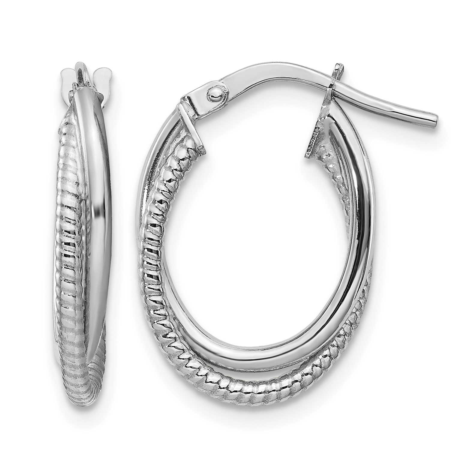 14k White Gold Polished and Textured Double Oval Hoops (TF1103W)