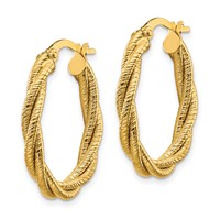 14K Yellow Gold Polished Textured Twisted Oval Hoop Earrings view 2