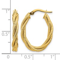 14K Yellow Gold Polished Textured Twisted Oval Hoop Earrings view 4