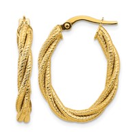 14K Yellow Gold Polished Textured Twisted Oval Hoop Earrings view 1