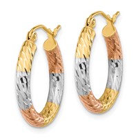 14K Earrings with White and Rose Rhodium Polished Diamond-cut Hoop view 2