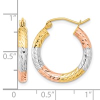 14K Earrings with White and Rose Rhodium Polished Diamond-cut Hoop view 4