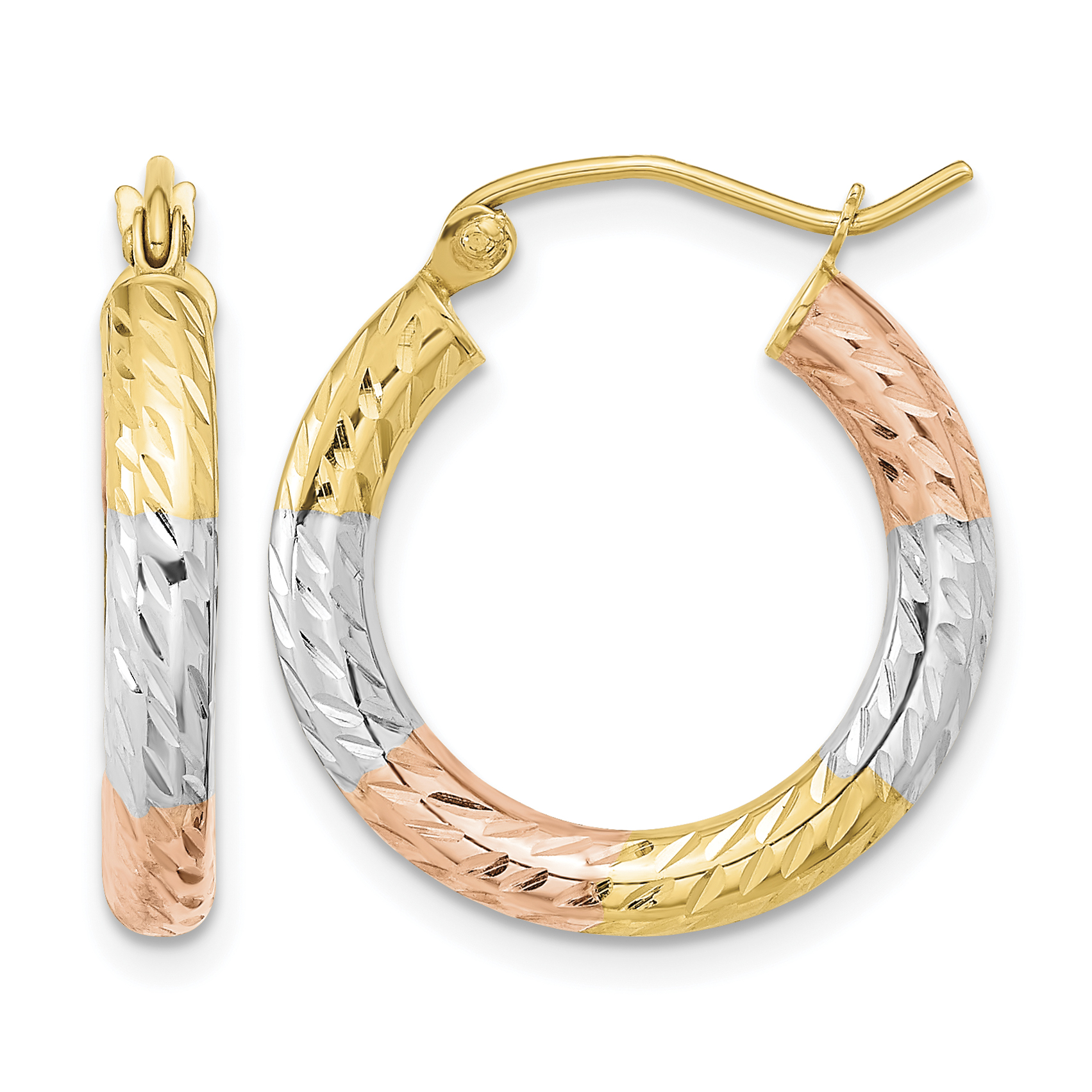 14k w/White and Rose Rhodium Polished Diamond-cut Hoop Earrings (TF1134)