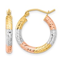 14K Earrings with White and Rose Rhodium Polished Diamond-cut Hoop view 1