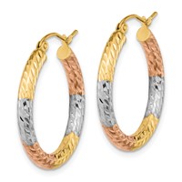 14K Earrings with White and Rose Rhodium Polished Diamond-cut Hoop view 2