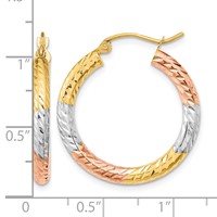 14K Earrings with White and Rose Rhodium Polished Diamond-cut Hoop view 4