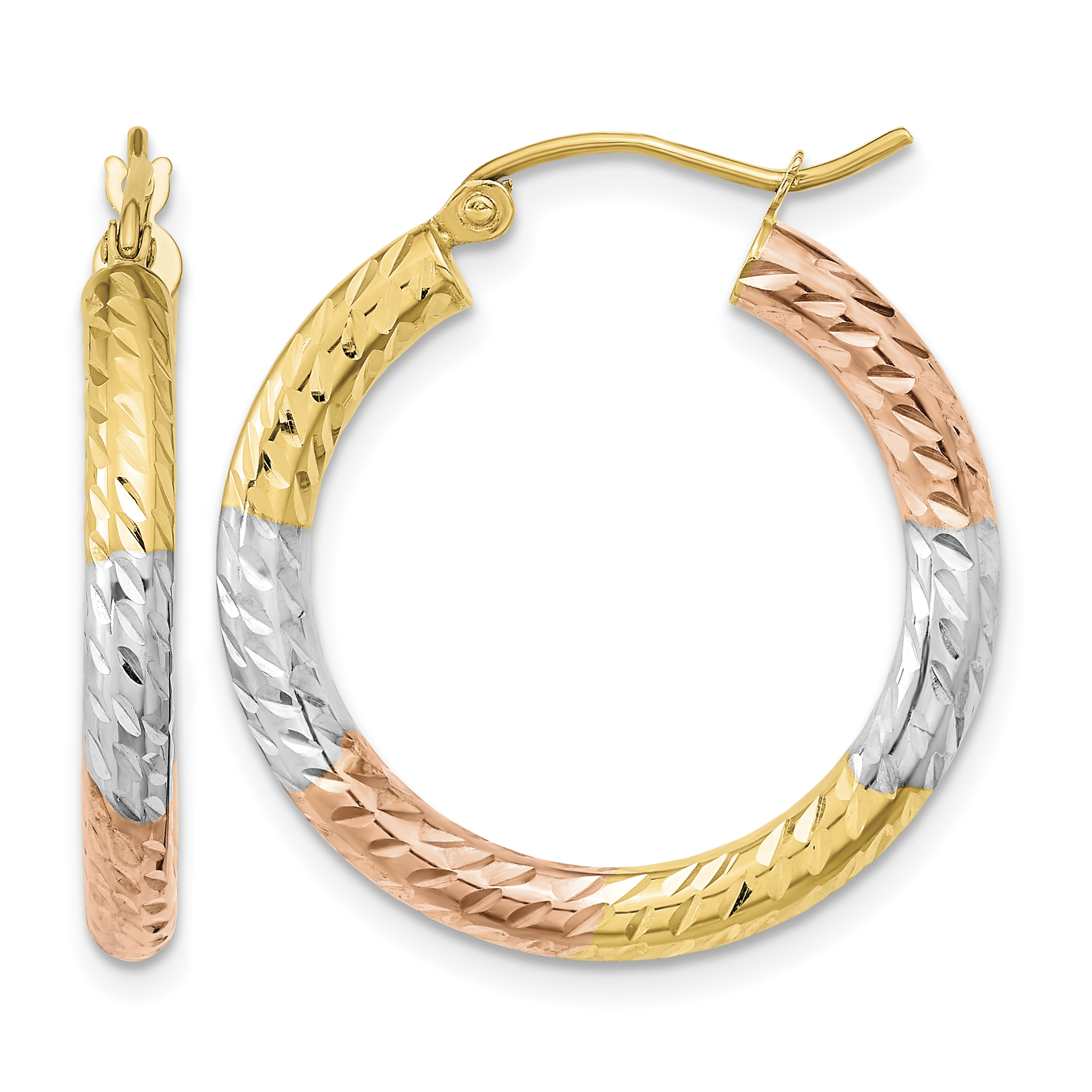 14k w/White and Rose Rhodium Polished Diamond-cut Hoop Earrings (TF1135)