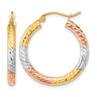 14K Earrings with White and Rose Rhodium Polished Diamond-cut Hoop view 1