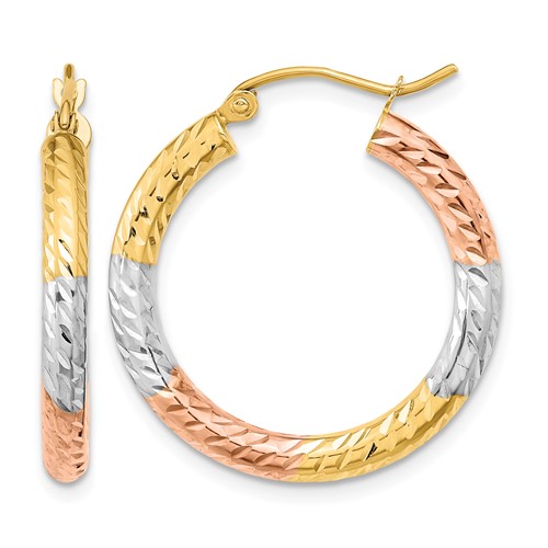 14K Earrings with White and Rose Rhodium Polished Diamond-cut Hoop