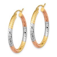 14K Earrings with White and Rose Rhodium Polished Diamond-cut Hoop view 2