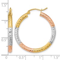 14K Earrings with White and Rose Rhodium Polished Diamond-cut Hoop view 4