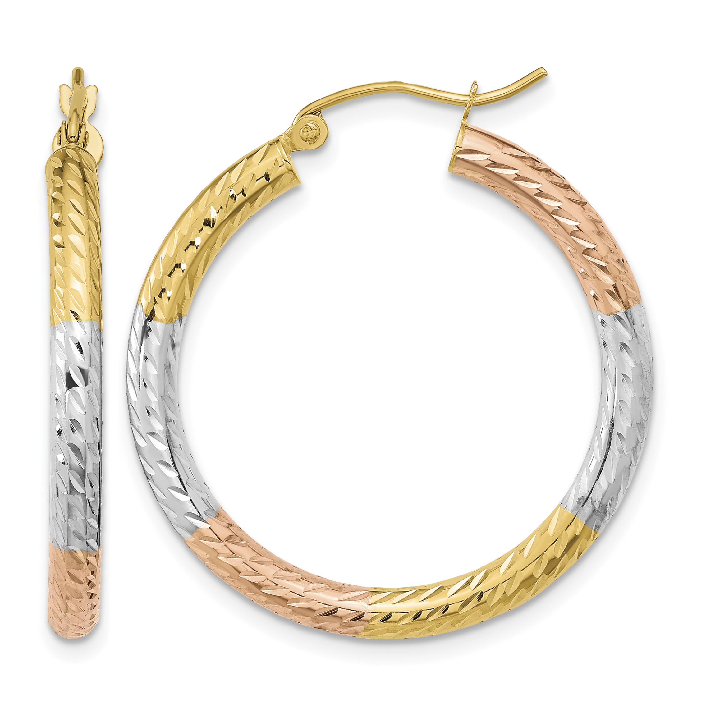 14k w/White and Rose Rhodium Polished Diamond-cut Hoop Earrings (TF1136)