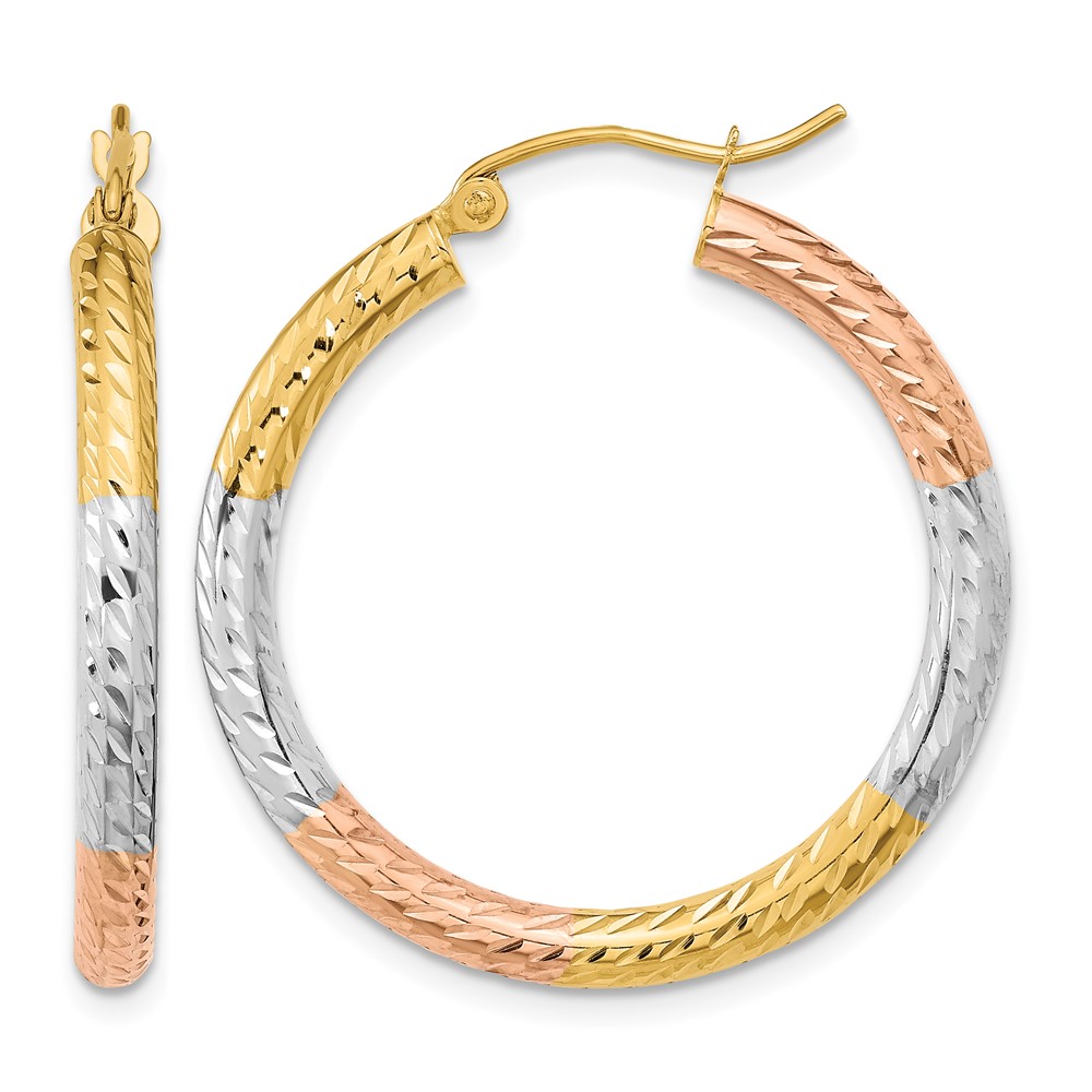 14k w/White and Rose Rhodium Polished Diamond-cut Hoop Earrings (TF1136)