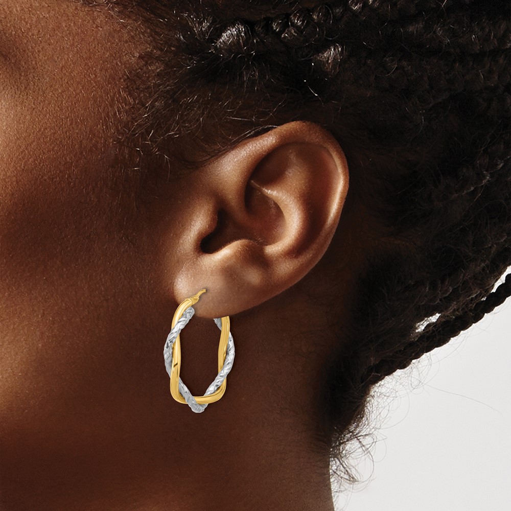14k Two-tone Polished and Textured Twisted Hoop Earrings (TF1183)