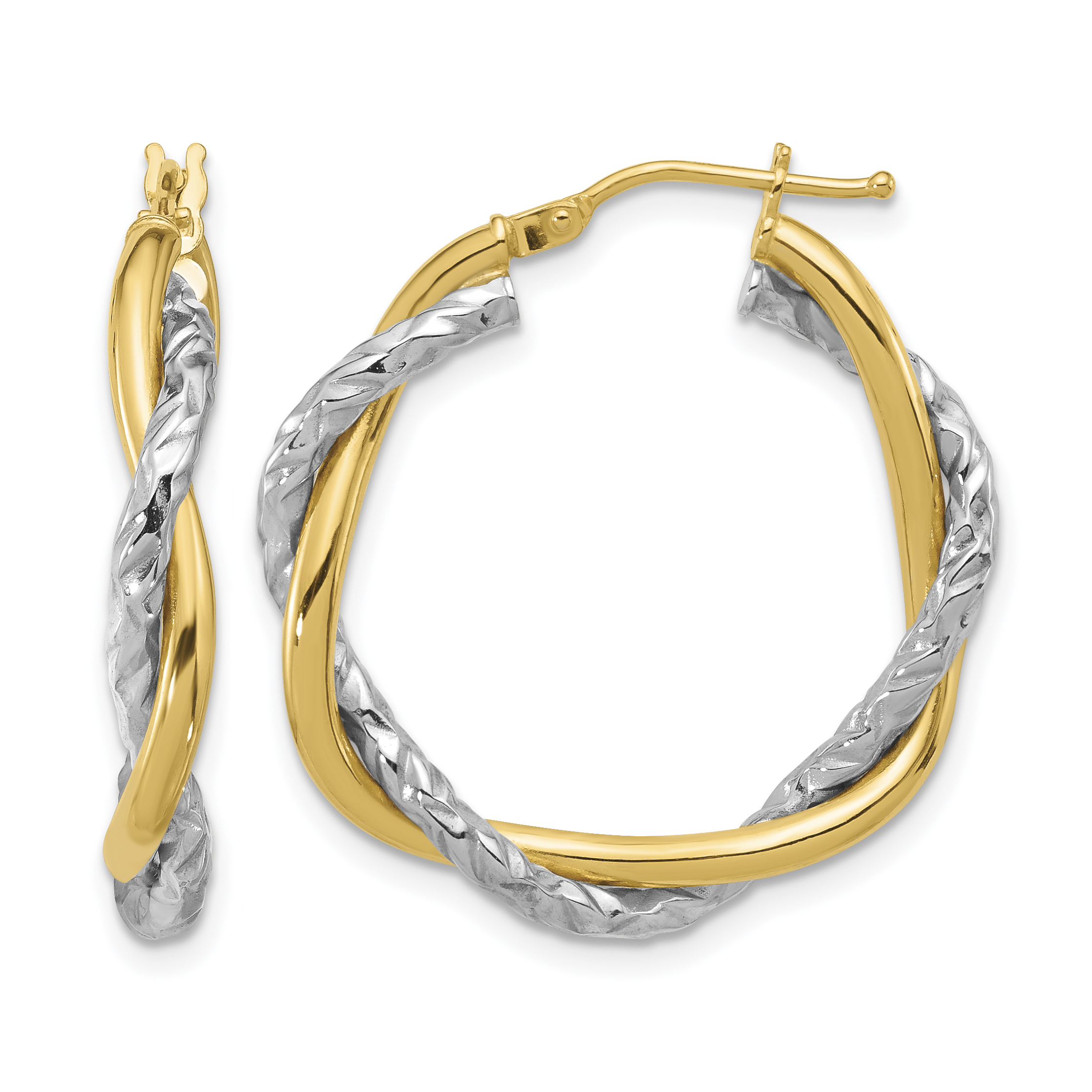 14k Two-tone Polished and Textured Twisted Hoop Earrings (TF1183)