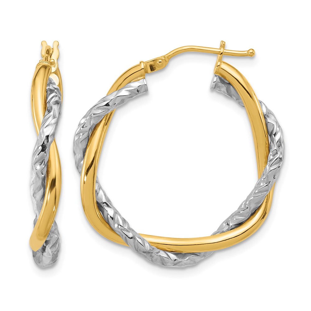 14k Two-tone Polished and Textured Twisted Hoop Earrings (TF1183)