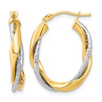 14K Two-tone Polished Rope Twisted Oval Hoop Earrings view 1