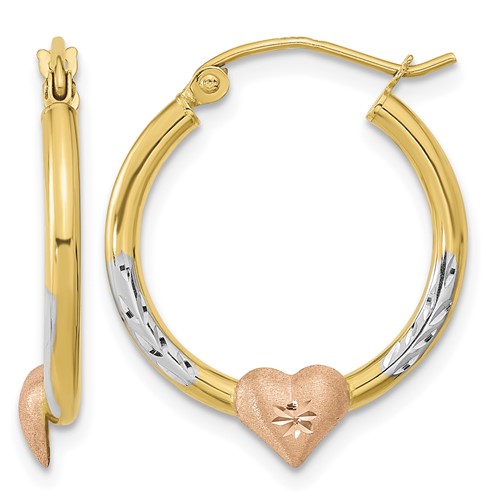 14K Two-tone Earrings with White Rhodium D C Heart Hoop