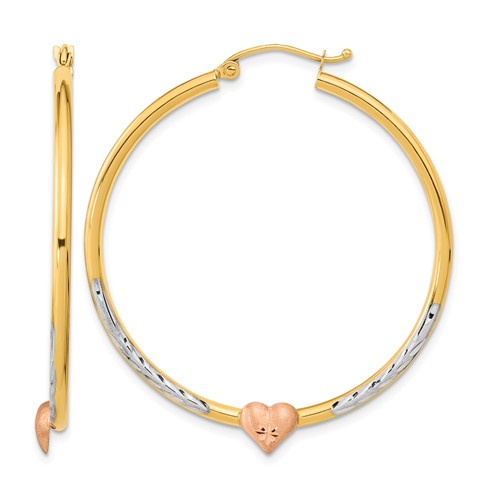 14K Two-tone Earrings with White Rhodium D C Heart Hoop
