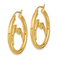 14K Yellow Gold Polished Dolphins Hoop Earrings view 2