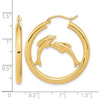 14K Yellow Gold Polished Dolphins Hoop Earrings view 4