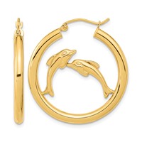 14K Yellow Gold Polished Dolphins Hoop Earrings view 1