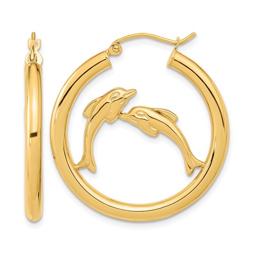 14K Yellow Gold Polished Dolphins Hoop Earrings