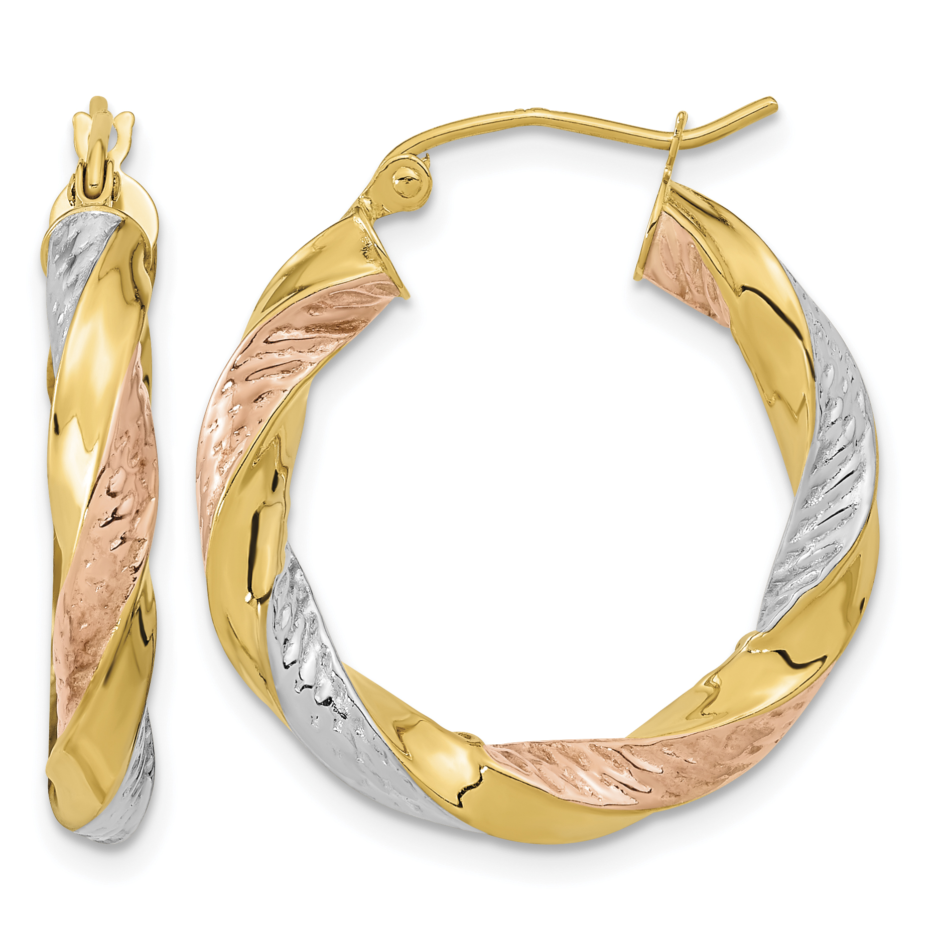 14k w/ White/Rose RH Polished & D/C Twist Hoop Earrings (TF1298)