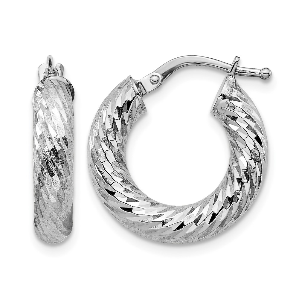 14k 4x10mm White Gold Diamond-cut Round Hoop Earrings (TF1332W)