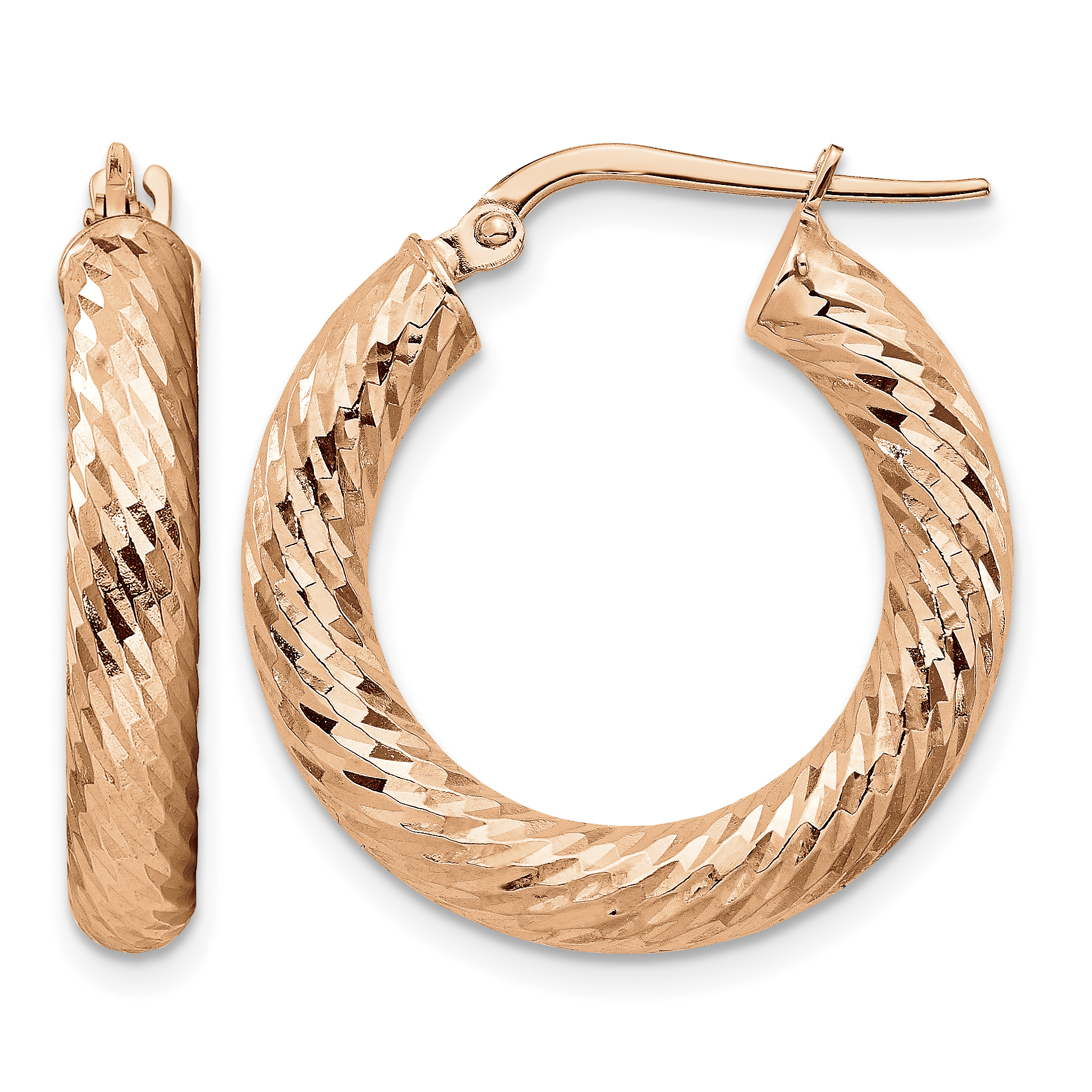 14k 4mm Rose Gold Polished Diamond-cut Round Hoop Earrings (TF1333R)
