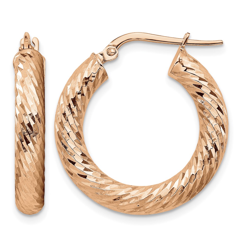 14k 4mm Rose Gold Polished Diamond-cut Round Hoop Earrings (TF1333R)