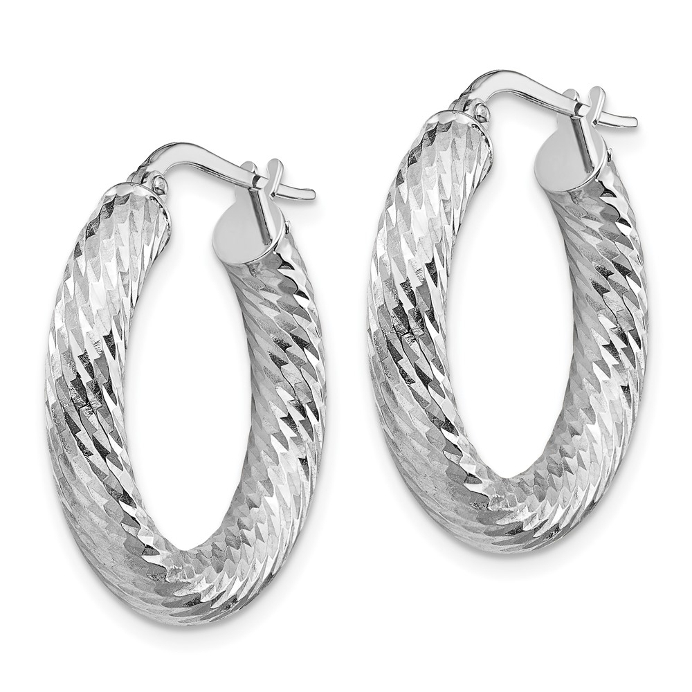 14k 4x15mm White Gold Diamond-cut Round Hoop Earrings (TF1333W)